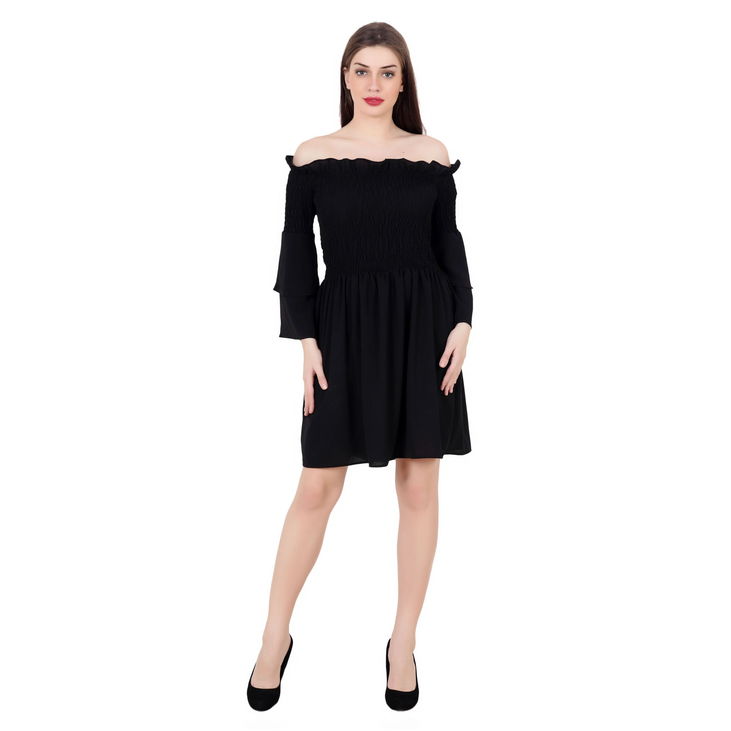 BLACK OFF SHOULDER BELL SLEEVE FLARED MIDI